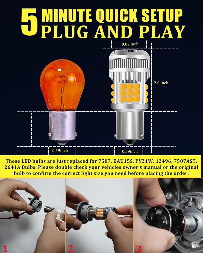LEDYOTRY 7507 BAU15S PY21W LED Bulbs Super Bright Amber Yellow 4000 Lumen for Turn Signal Lights, Built in Resistor CANBUS Error Free 12496 2641A 7507AST LED Bulb Replacement (Pack of 2) - Image 3